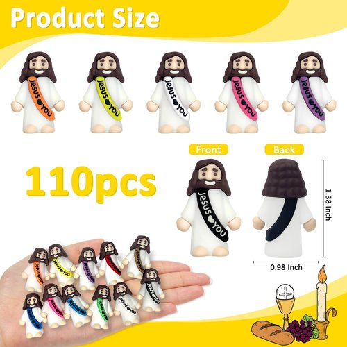 110 PCS Little Jesus Figures Bulk - Mini Jesus Loves You Figurines, Pocket Rubber Jesus Toys for Hide & Seek, Easter Egg Fillers, Sunday School Baptism Gifts & Religious Party Favors (11 Colors)