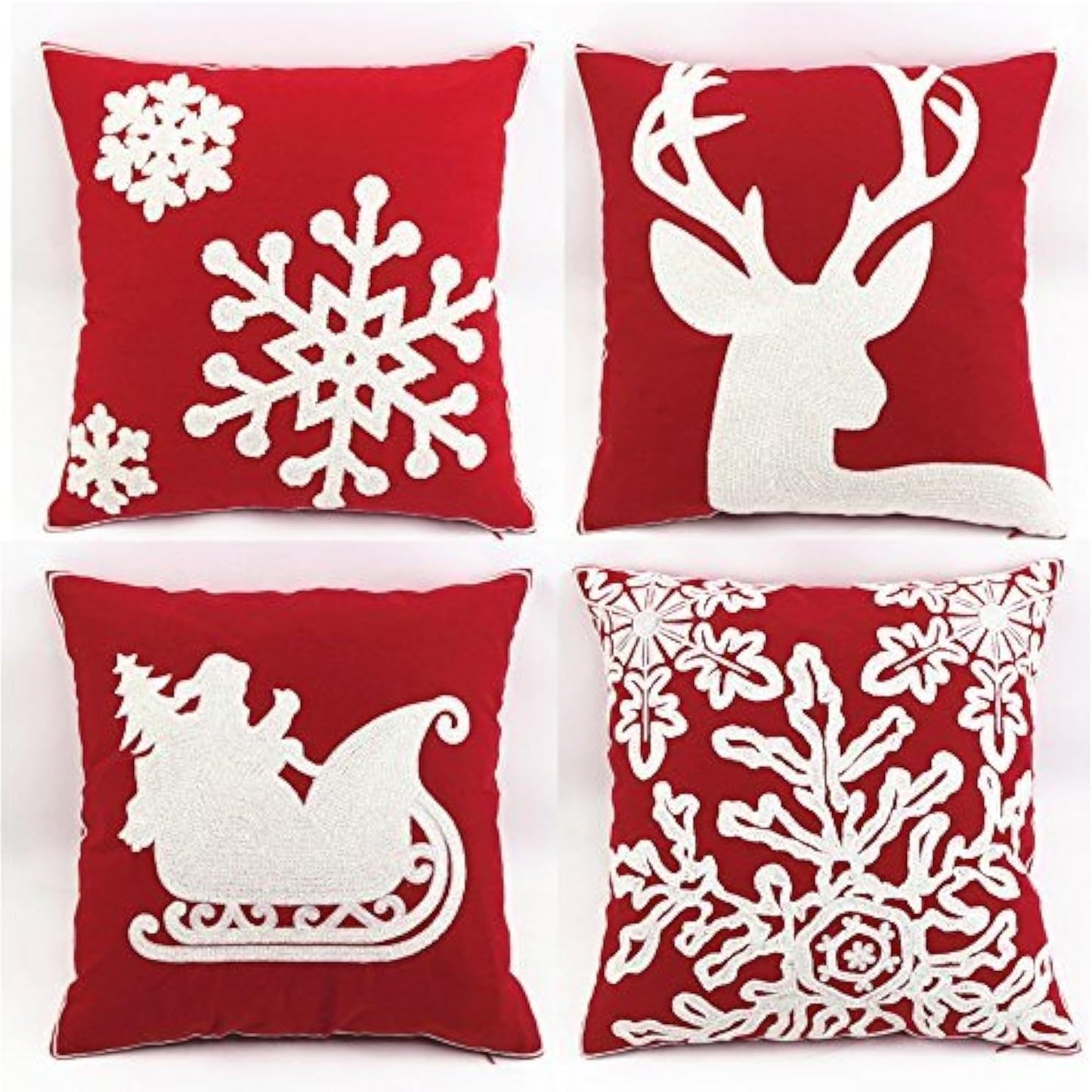 Christmas Pillow Cover 18x18 - Embroidered Sleigh & Snowflakes - Winter Decorative Cushion for Sofa & Bed