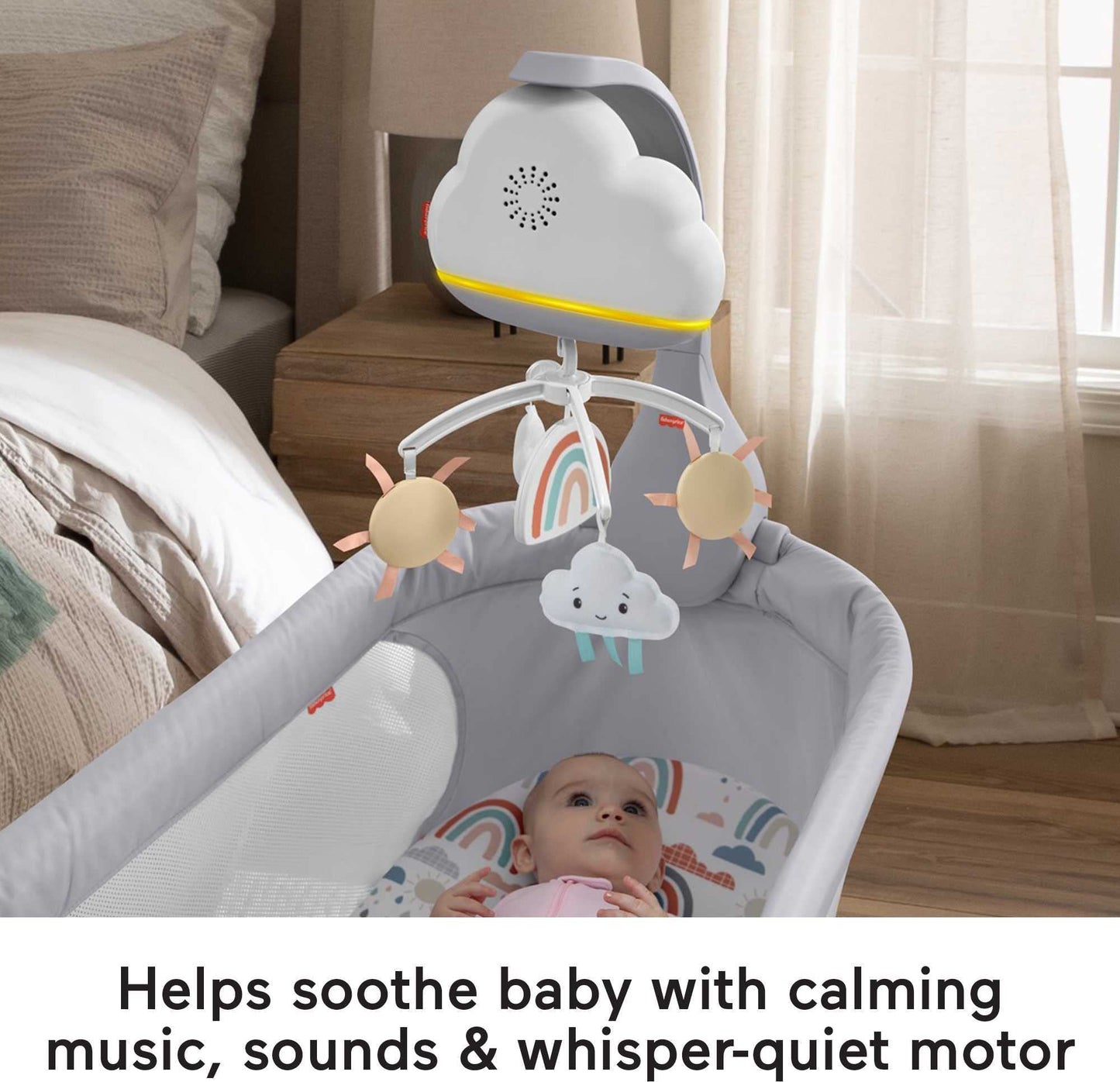 Fisher-Price Baby Toy Rainbow Showers Bassinet Mobile to Bedside Sound Machine with Music & Night Light for Newborn to Toddler Ages 0+ Months