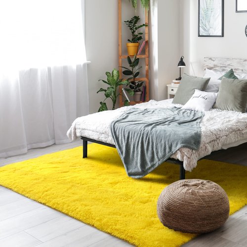 Amearea Shag Fluffy Area Rug for Bedroom Girls Living Room, Extra Soft and Fuzzy Shaggy Rugs, Non Slip, Solid Color Carpet Mat for Boys Nursery Home, Yellow 5x8 Feet