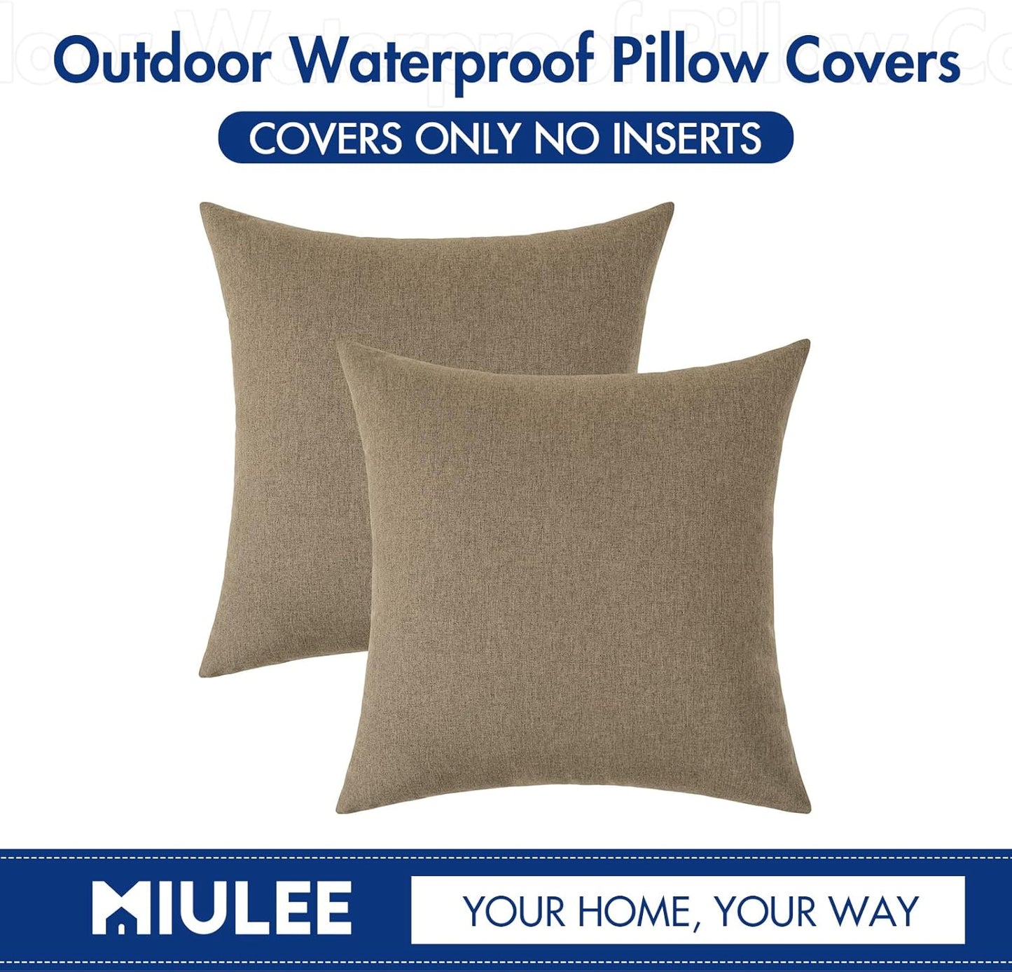 MIULEE Decorative Outdoor Throw Pillow Covers - Waterproof Faux Linen Cushion Cases | 26x26 Inch Khaki (Pack of 2)