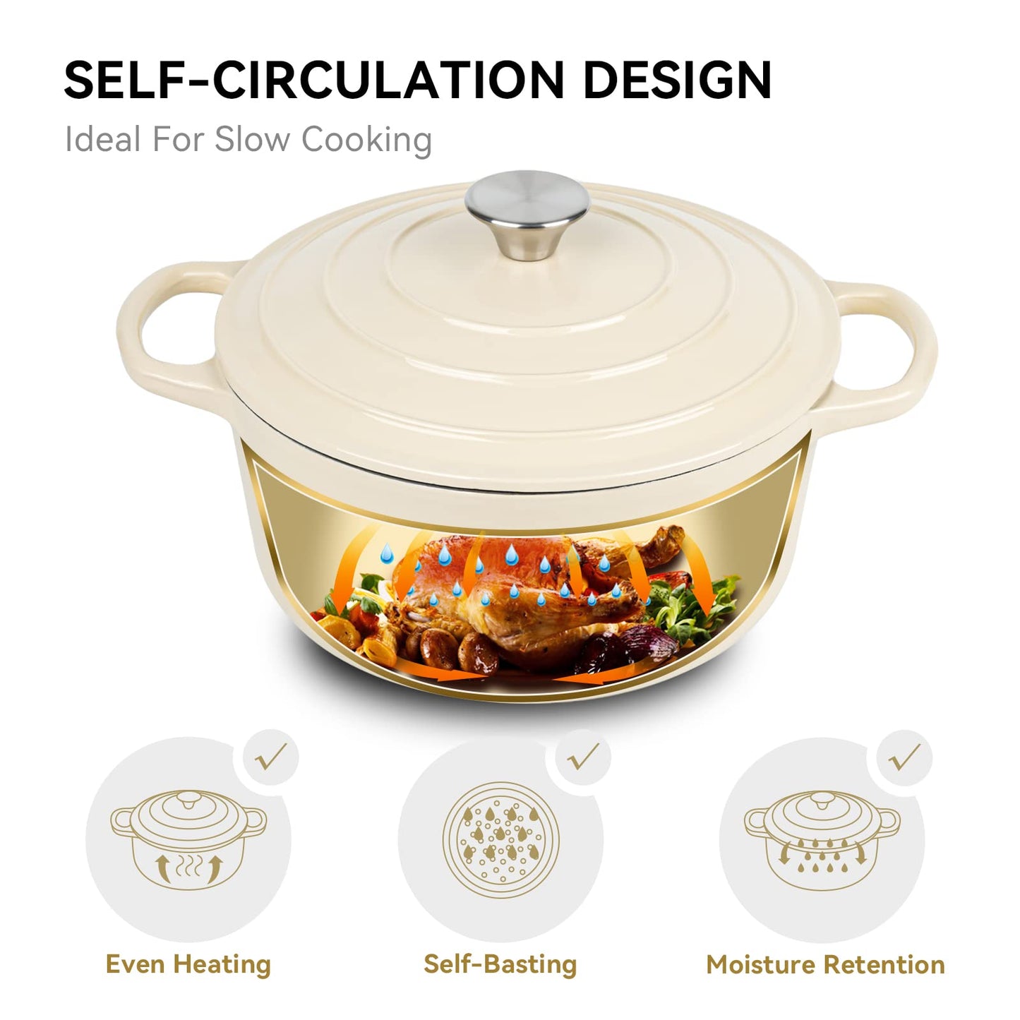 Miereirl 6 Quart Enameled Dutch Oven Pot with Lid, Cast Iron Dutch Oven with Dual Handles for Bread Baking, Cooking, Non-stick Enamel Coated Cookware (Beige)