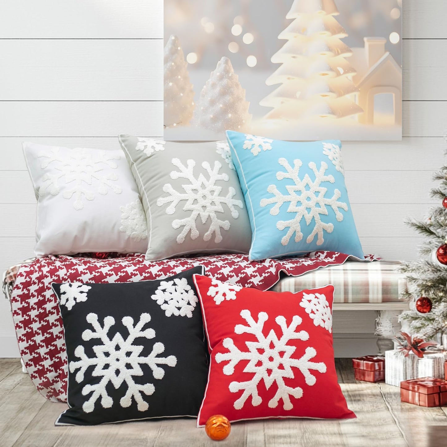 Christmas Snowflake Embroidered Throw Pillow Covers - 18x18 Cotton Linen, Set of 2