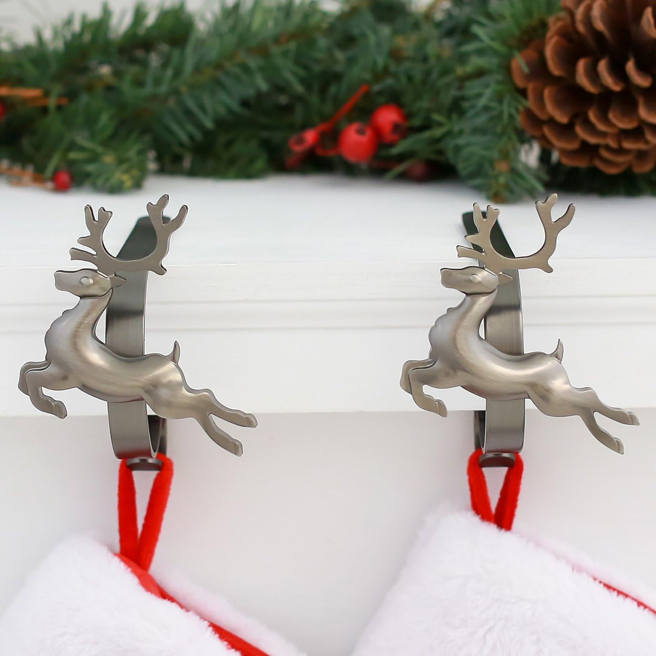Gold MantleClip Stocking Holders Set - 4-Pack Removable ZINC Alloy Holiday Icons