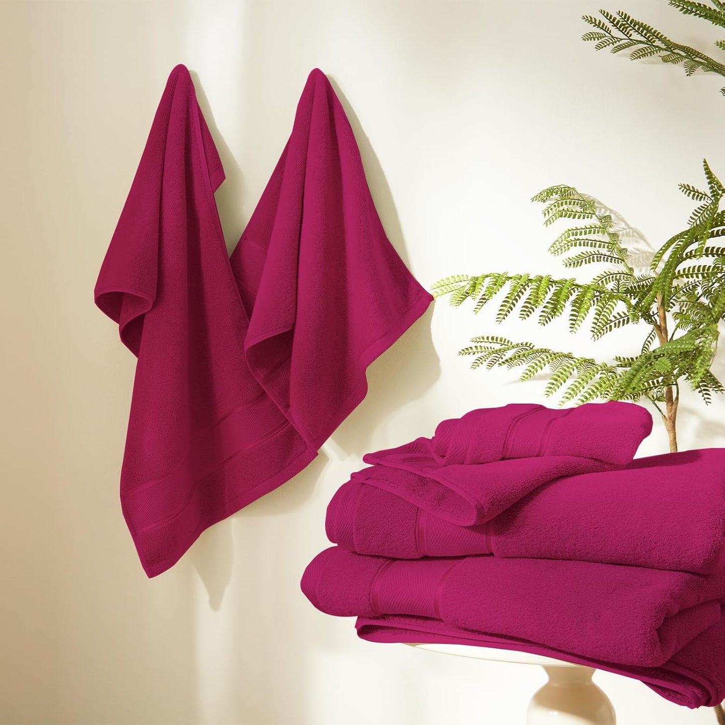 Marvione Bath Towels Set - 100% Turkish Cotton, Highly Absorbent & Soft - 6 Pieces in Hot Pink