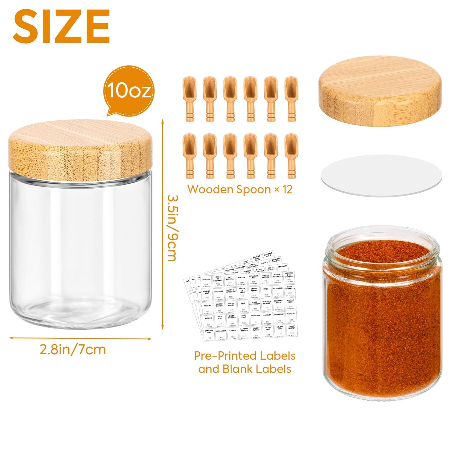 FavorFlavor 12-pack 10oz Glass Spice Jars with Labels, Spice Containers with 12 Wooden Spoons, Airtight Seasoning Containers with Bamboo Lids