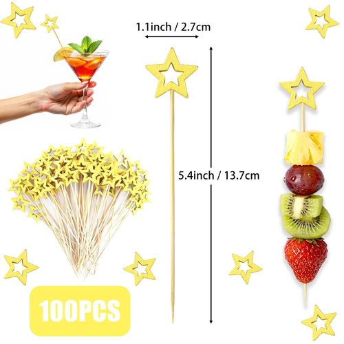 100 Pcs Gold Star Cocktail Picks, 4.7" Elegant Bamboo Appetizer Skewers for Drink & Fruit Garnish, Premium Birthday Party Decoration Supplies