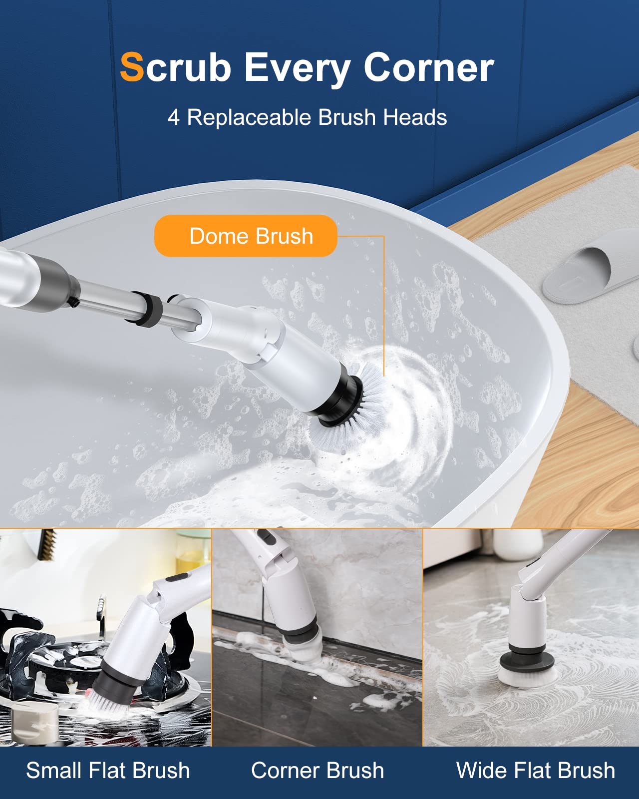 LABIGO Electric Spin Scrubber LA2 Pro, Shower Cleaning Brush with Display and 4 Replaceable Brush Heads,2 Adjustable speeds, 3 Adjustable Extension Handle, Power Cleaning Brush for Bathroom Tile Black