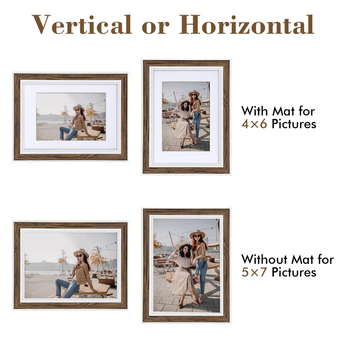 5x7 Picture Frame Set of 6, Rustic Farmhouse Photo Frame, Display 4x6 with Mat or 5x7 Without Mat for Decorative on Wall Hanging and Tabletop Placement