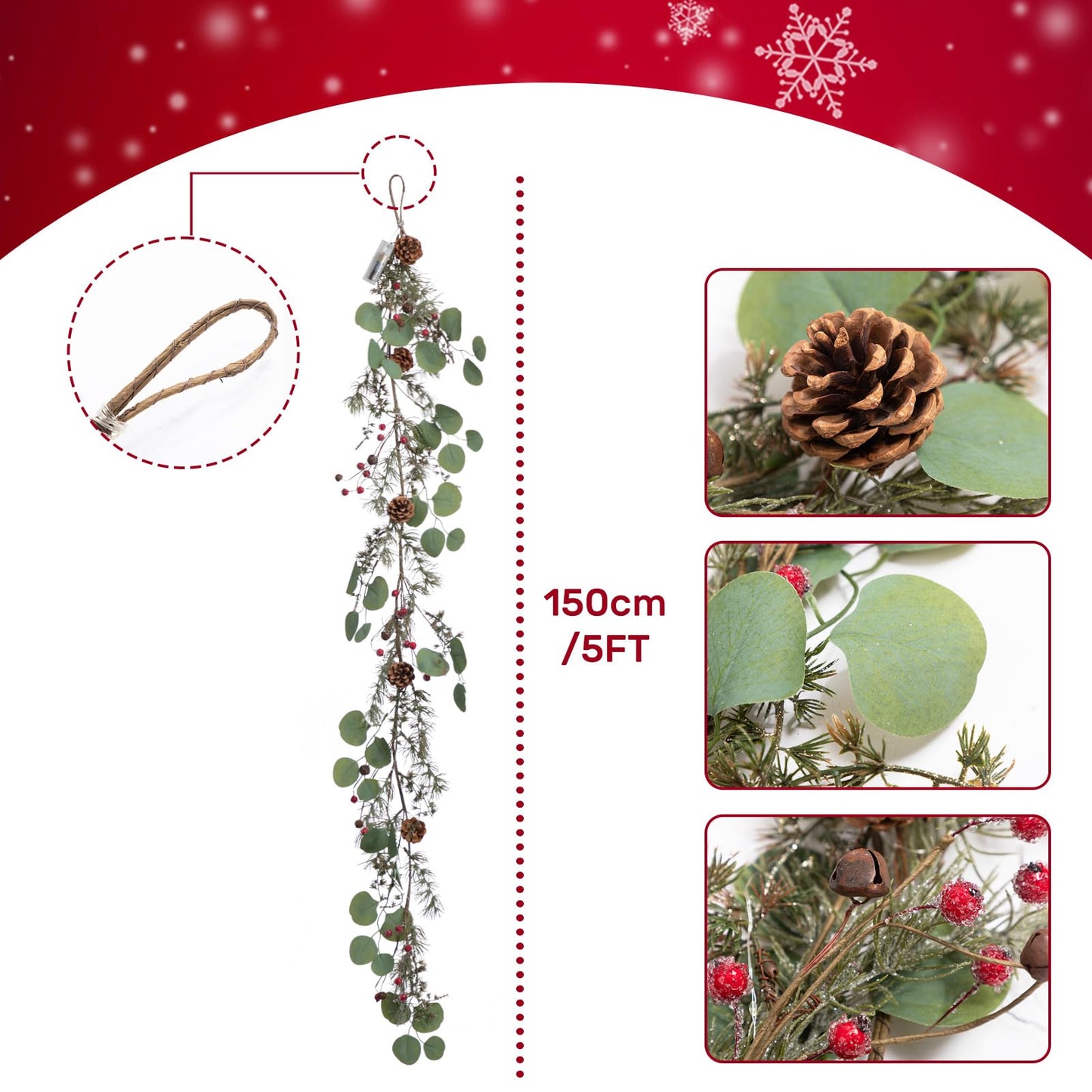 LOHASBEE Christmas Garland, 5FT Natural Eucalyptus and Pine Christmas Garland with Red Berries and Pinecones - Perfect Festive Decoration for Your Home