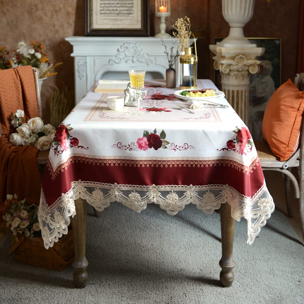 SUTAVIA Lace Embroidered Table Cloth,Rectangular Farmhouse TableCover,Classic Oblong Antique Flower Decor Macrame Tablecloth (Burgundy, Rectangle/Oblong,60 x 84 Inch,6-8 Seats)