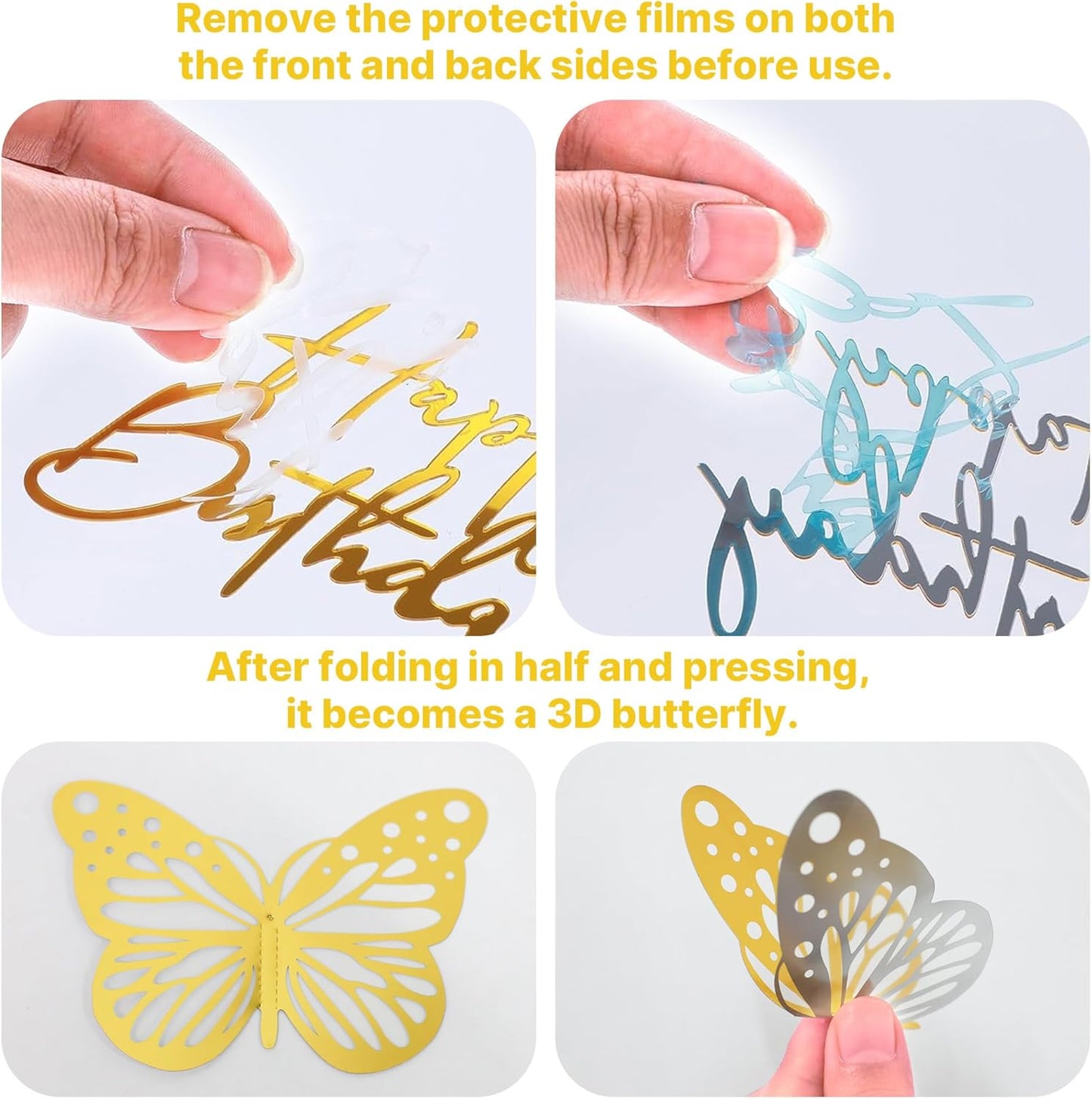AMZVALU Crown Cake Topper Set - 3 Happy Birthday Decorations with Rose Gold Butterflies & Candles