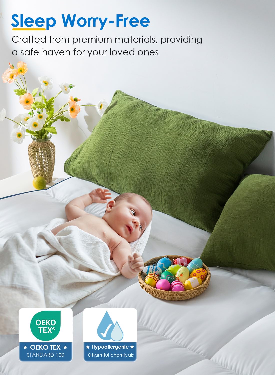 QUEEN ROSE Mattress Topper Full Size, Pillow Top Extra Thick Mattress Pad, Soft Baffle Box Overfilled Down Alternative for Back Pain, 4 Corner Straps, White
