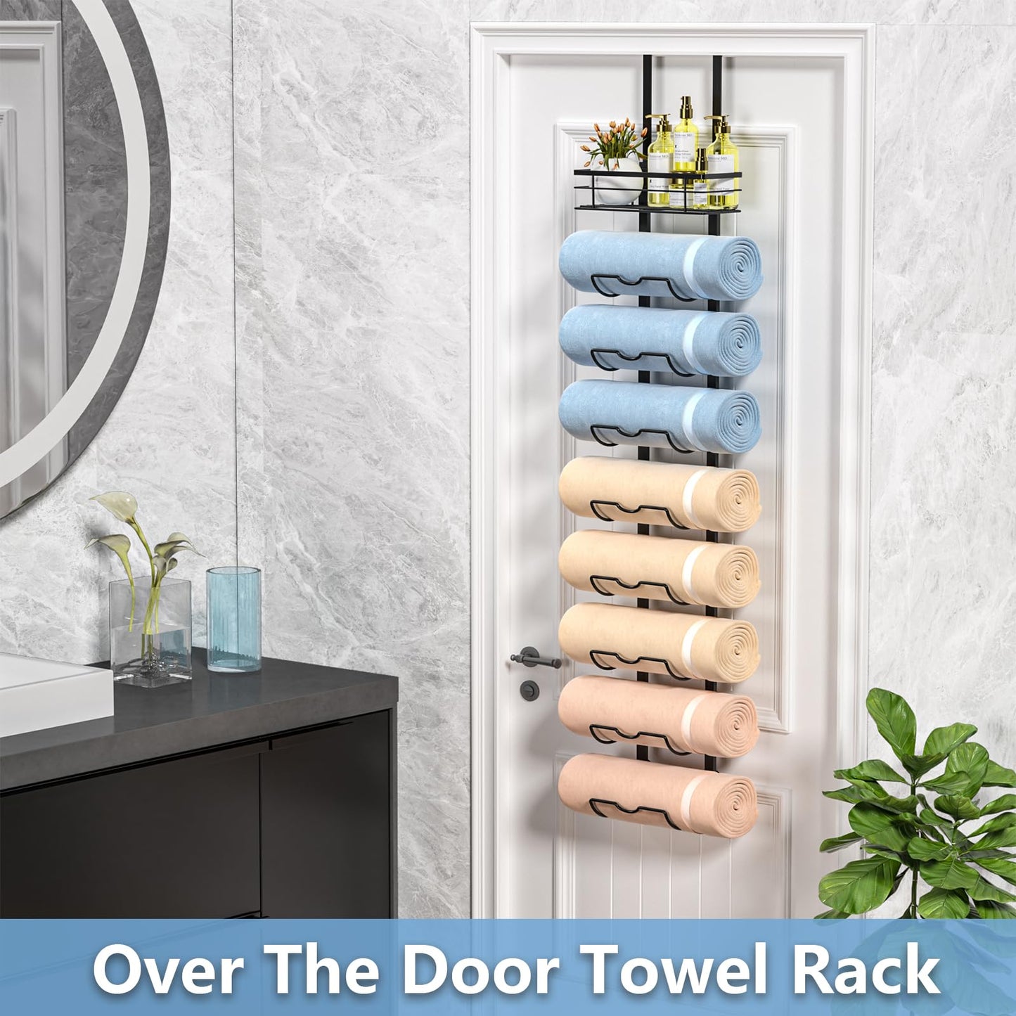 Xstydes 9-Tier Over The Door Towel Rack,Towel Racks for Bathroom, Metal Towel Holder with Storage Basket,Towel Storage for Small Bathroom,Towel Rack for Rolled Towels,Black