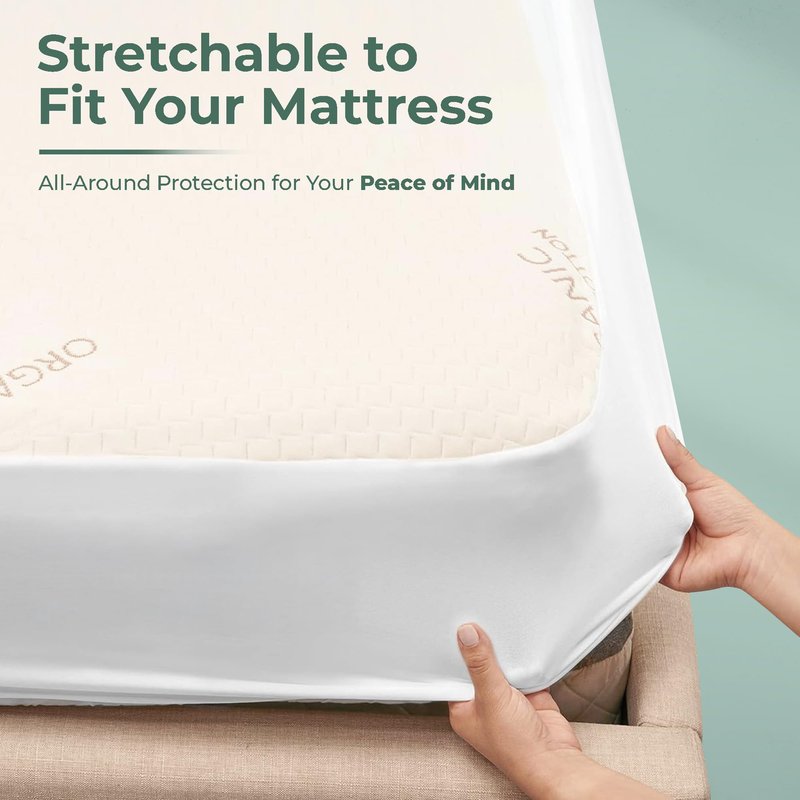 Memory Foam Mattress Protector – Organic Cotton with Eco-Friendly Greenshield Water Resistance – Kool-Flow Breathable Stretch Fabric – All USA Made – Best for Plush Beds – Queen