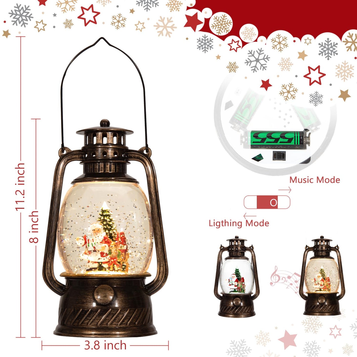 Christmas Lanterns,Christmas Snow Globes Lighted,Rotating Sparkling Christmas Lanterns with 8 Christmas Music,Christmas Fine Gifts,Christmas Holiday Party Gifts and Decorations