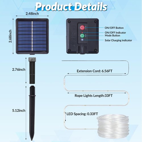 Fairdeer Solar Rope Lights, 33FT 100 LED Solar Fairy Lights with 8 Lighting Modes, IP65 Waterproof Strip Light Outdoor for Garden Yard Patio Deck Fence Tree Party Holiday Decoration, Warm White