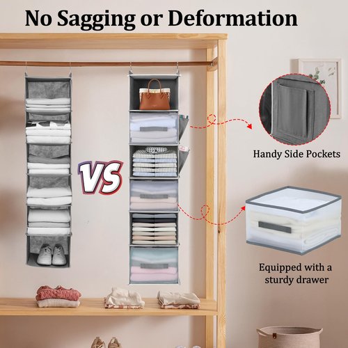 BIEBOS 6-Tier Hanging Closet Organizer with Drawers and Side Pockets – Versatile Closet Storage for Shoes, Hats, Belts, and Purses