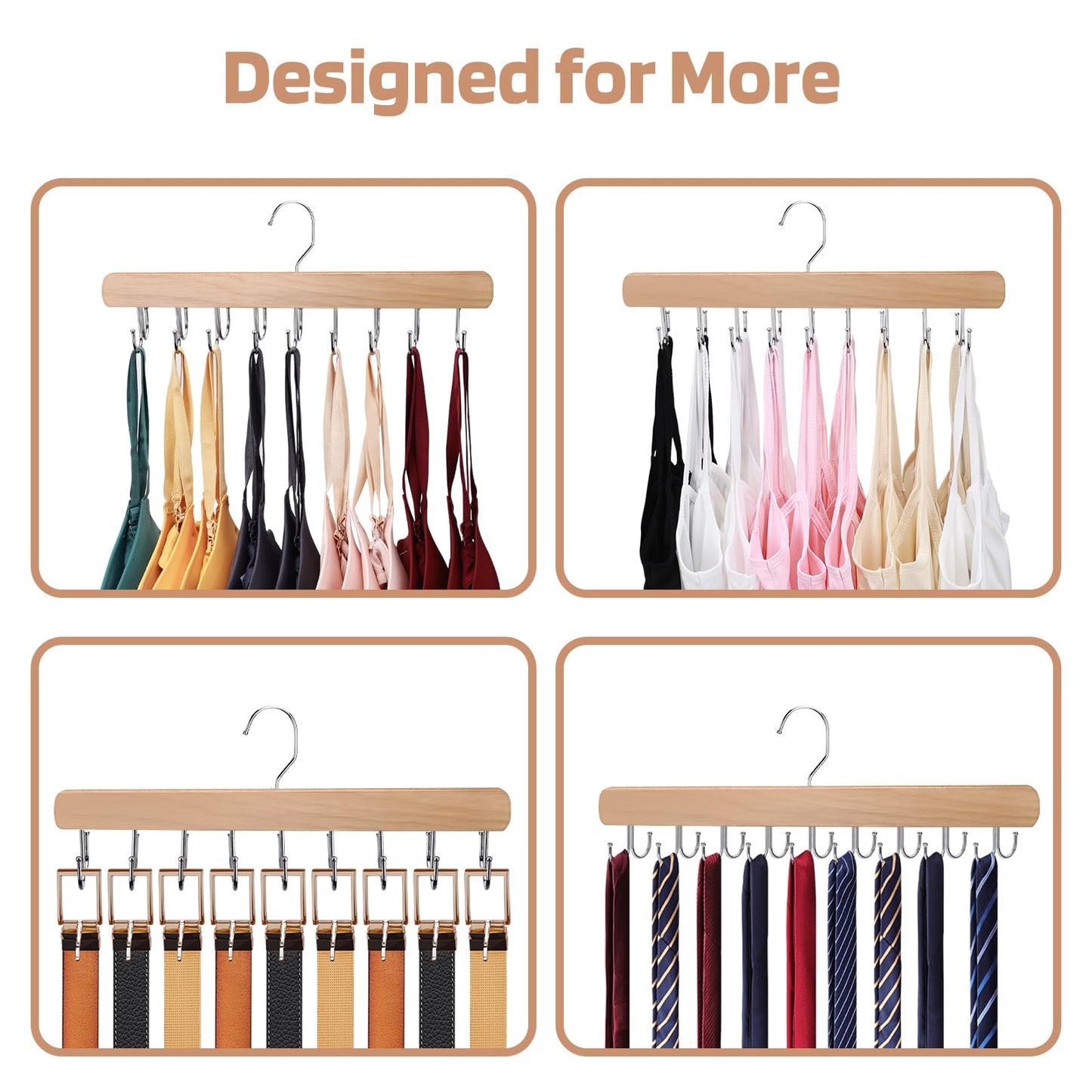 NECAMOCU 2 Pack Bra Hanger for Closet Organizer, Premium Wooden Tank Top Hangers with 36 Foldable Hooks, 360° Rotating Design, Space Saving Storage for Tank Tops, Bras, Scarves and More