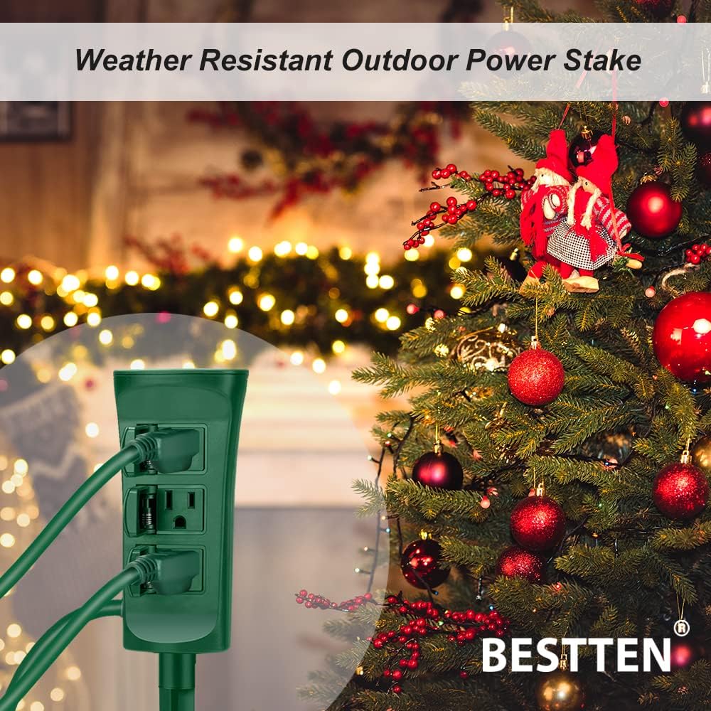 Outdoor Power Strip with Covers - 6-Outlet Yard Stake, 9ft Cord & Overload Protection