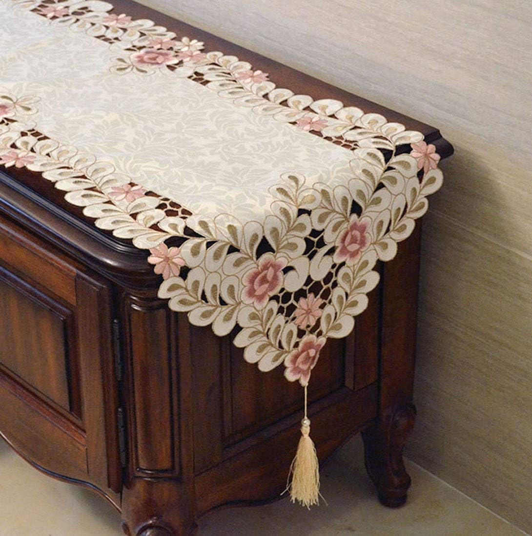 Classic Floral Embroidery Table Runner - 15" x 77" Dark Red Lace Dresser Scarf for Weddings & Home Decor