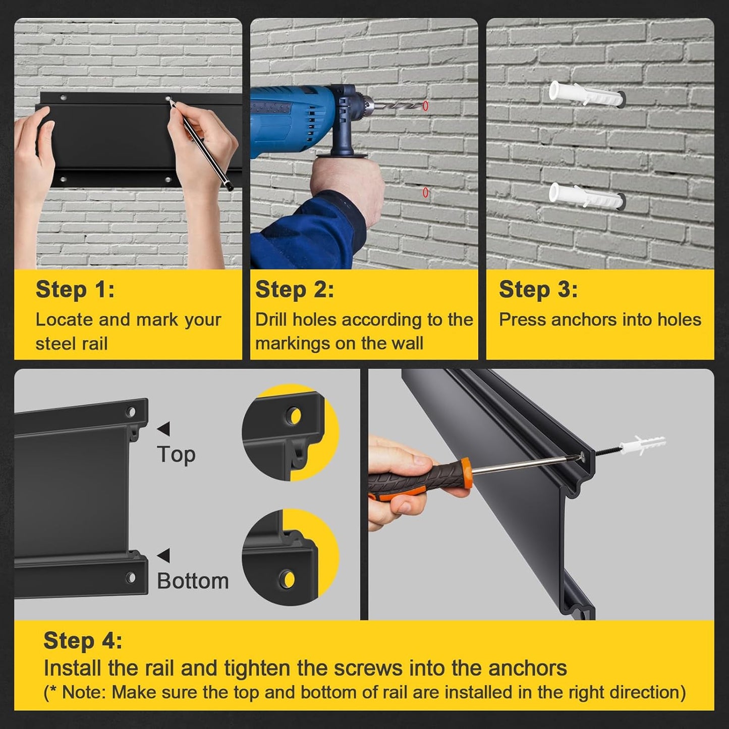 UUP Wall-Mount Garage Rail - Supports Up to 250lbs | 16-Inch Mounting Holes, Black Finish