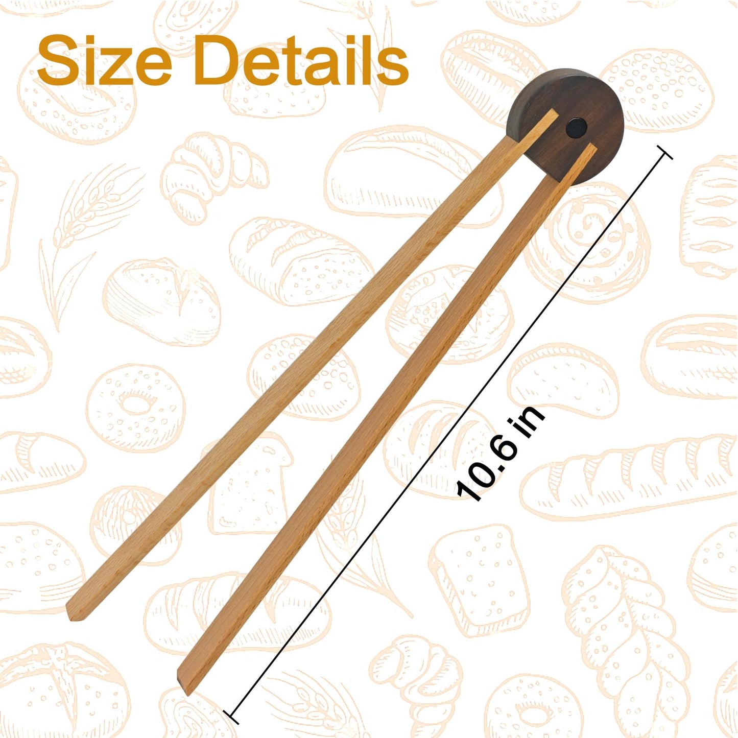 Mushroom-Shaped Wooden Tongs with Magnetic 2 Pack- 10.6" Food Safe Kitchen and Salad Tongs for Baking, Grilling, Breakfast, Picnics, Durable Wooden Cooking Utensils Easy to Store