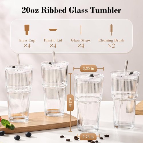 GOSCHE 20oz Glass Tumblers - Ribbed Iced Coffee Cups with Straws & Lids | Leak-Proof, Dishwasher Safe, Clear - 4 Pack