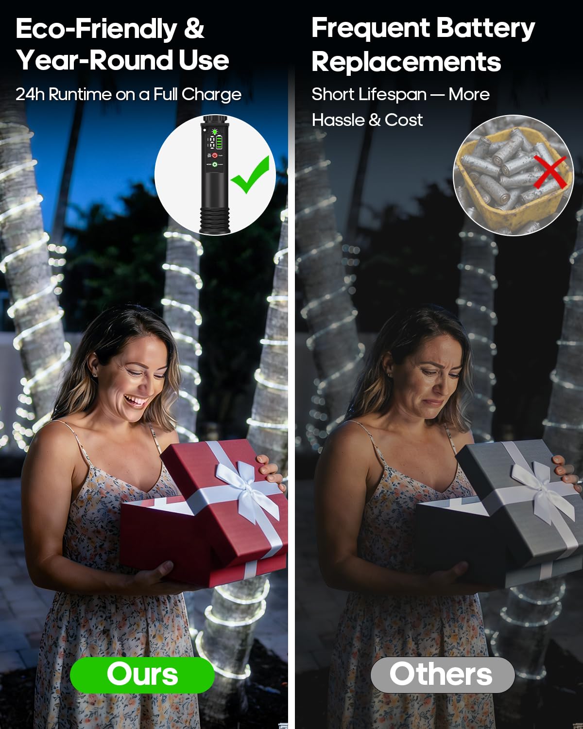 Rechargeable Rope Lights, 79FT 240LED Outdoor Waterproof String Lights with 1200mah Portable Rechargeable Battery, Timing & 8 Modes for Party Christmas Camping DIY Tree trampoline - Cool White 2 Pack