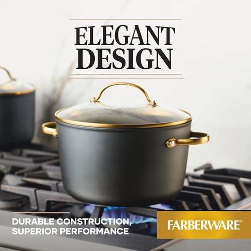 Farberware Forged Induction Stockpot - 6 Quart Ceramic Nonstick Cookware with Lid | Dishwasher Safe, Black and Gold