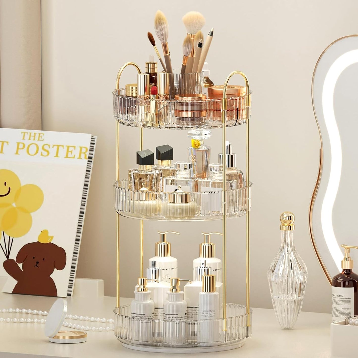 Skiennix 360° Rotating Makeup Organizer - Upgraded 3 Tier Skincare & Perfume Storage | Clear Cosmetic Dresser with Brush Holder