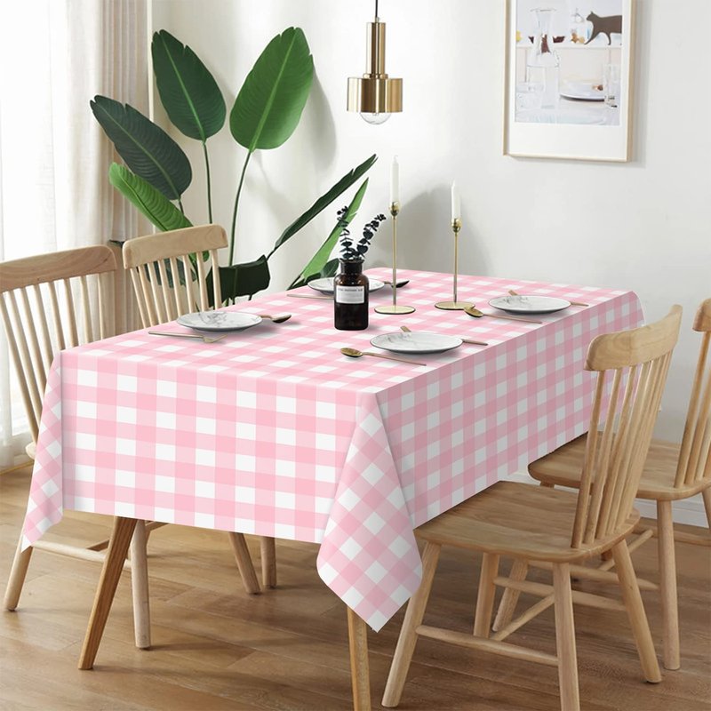 QIKSION Pink Gingham Tablecloth Disposable 3 Pack, 54 x 108 Inch Pink and White Checkered Table Cloth for Baby Shower, Easter, Mothers Day Decorations, Birthday Party, Rectangle, Plastic Table Cover