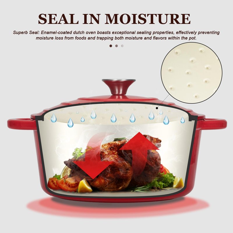Overmont Enameled Cast Iron Dutch Oven - 4.5QT Pot with Lid Cookbook & Cotton Potholders - Heavy-Duty Cookware for Braising, Stews, Roasting, Sourdough Baking red