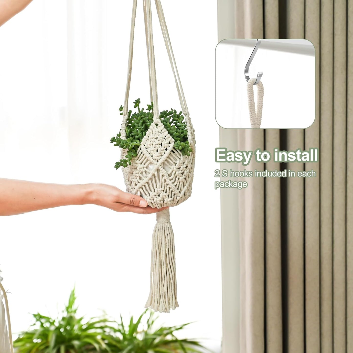 Skiennix Macrame Plant Hangers - Stylish Hanging Planters for 8-Inch Pots | 2-Pack, White