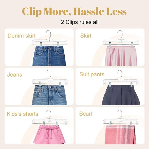 HOUSE DAY 14-Inch Clear Plastic Skirt Hangers - 12 Pack with Adjustable Clips & 360° Swivel Hook