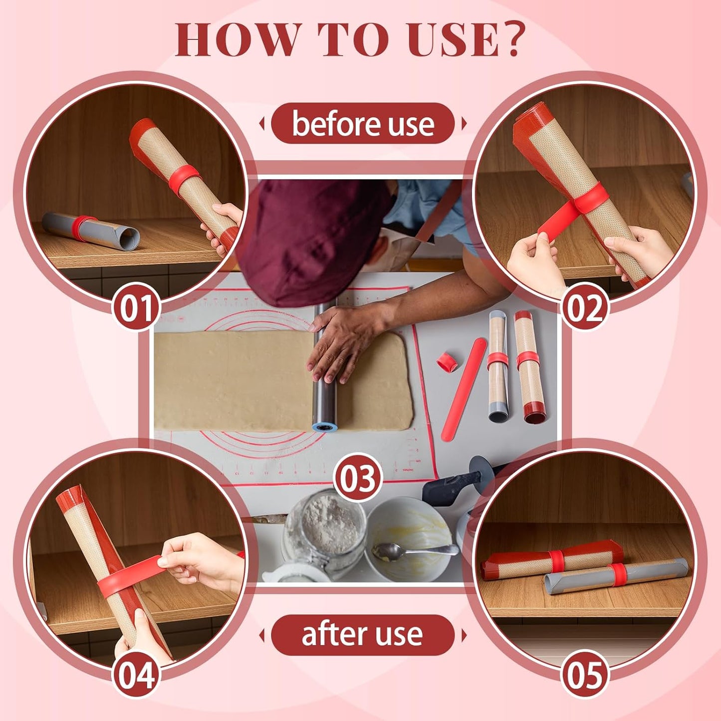 Teenyyou Silicone Storage Bands - 4 Pcs for Baking Mats & Wrapping Paper | Ideal for Christmas Organization