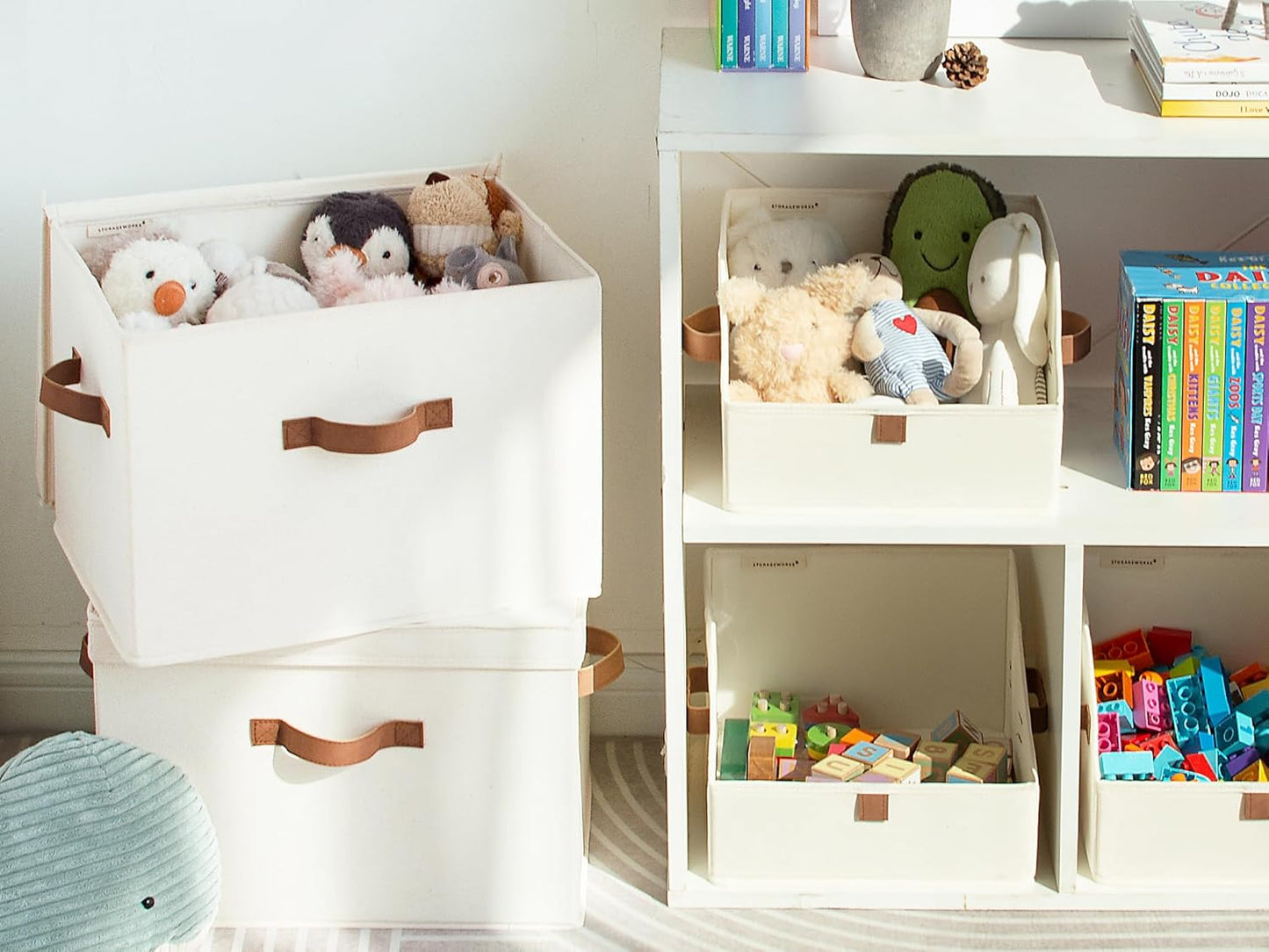 StorageWorks Fabric Storage Bins - Stackable Decorative Boxes with Lids | Large Ivory White, 2-Pack