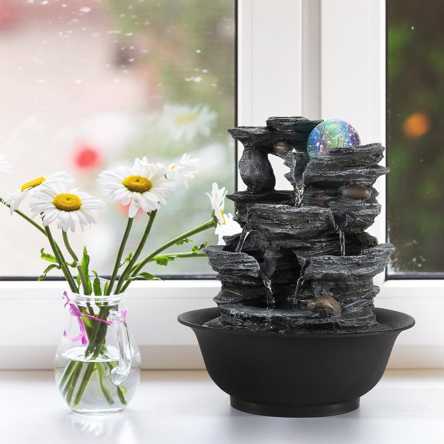 Dyna-Living Water Fountains Indoor Tabletop Fountain with Pump Waterfall Fountain Indoor Coloured LED Lights Desk Water Fountains for Home Office Decor Style 1