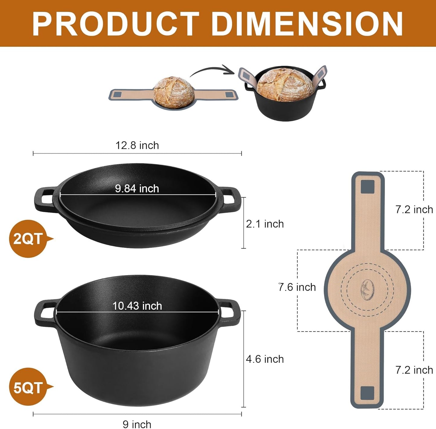 E-far 5 Quart Enameled Cast Iron Dutch Oven, 2 in 1 Dutch Oven Pot with Skillet Lid and Silicone Bread Sling, Ideal for Bread Baking, Cooking, Stewing, Frying, Induction & Oven Safe - Red