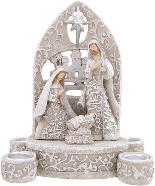Holy Family | Ivory Lace Nativity Scene - 7-Inch Resin Dolomite Advent Candle Holder