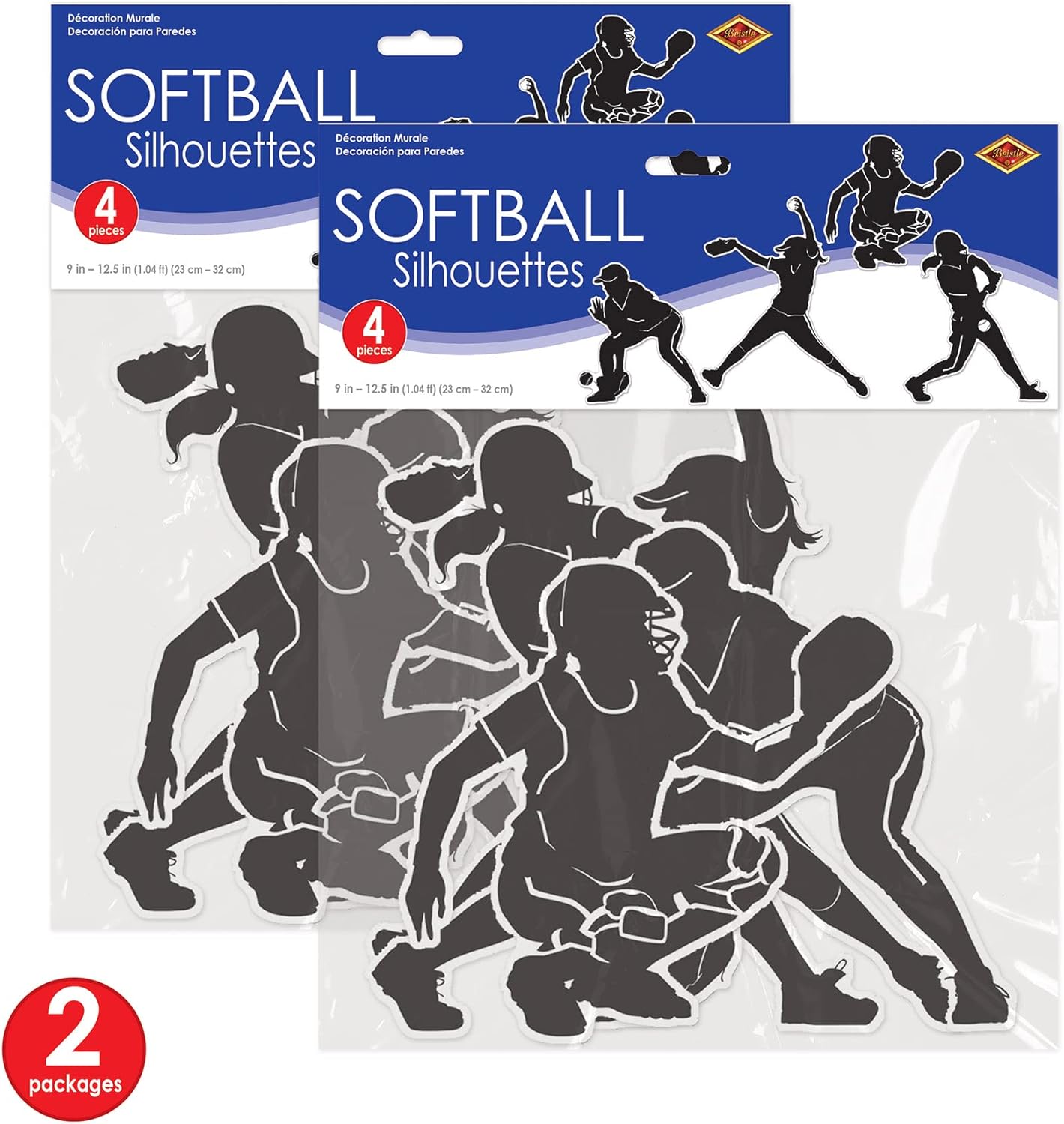 Softball Silhouettes Set - 8 Pieces, 9" to 12.5", Black & White Decor