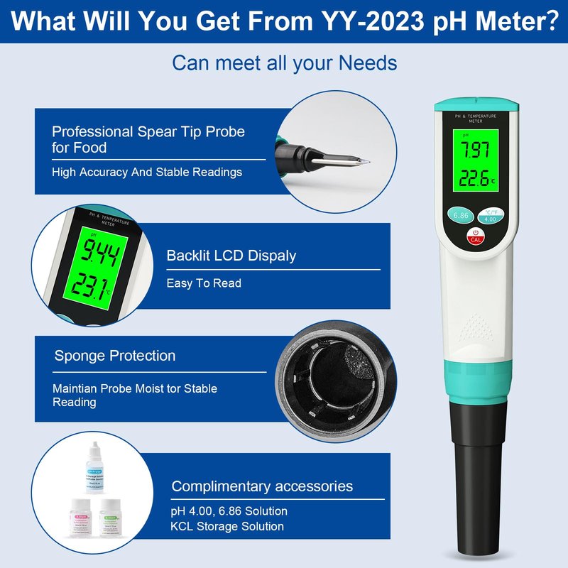 Yewhick Food pH Meter, Digital Waterproof pH Tester with High Accuracy pH/Temperature Probe, Ideal for Sourdough, Cheese, Solid Samples, and Liquid Foods, 0.01 Resolution