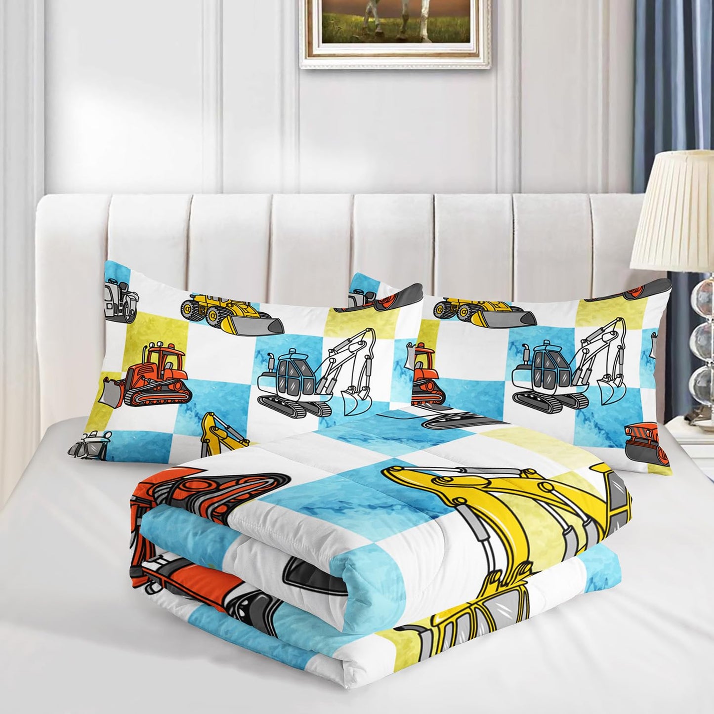 Boy's Construction Truck Comforter Set Full,Orange,and Yellow Truck 3 Pieces Bedding Set for Kids Boys Teens,Blue and Yellow Plaid Microfiber Lightweight Quilt Bedroom Decor with 2 Pillow Cases
