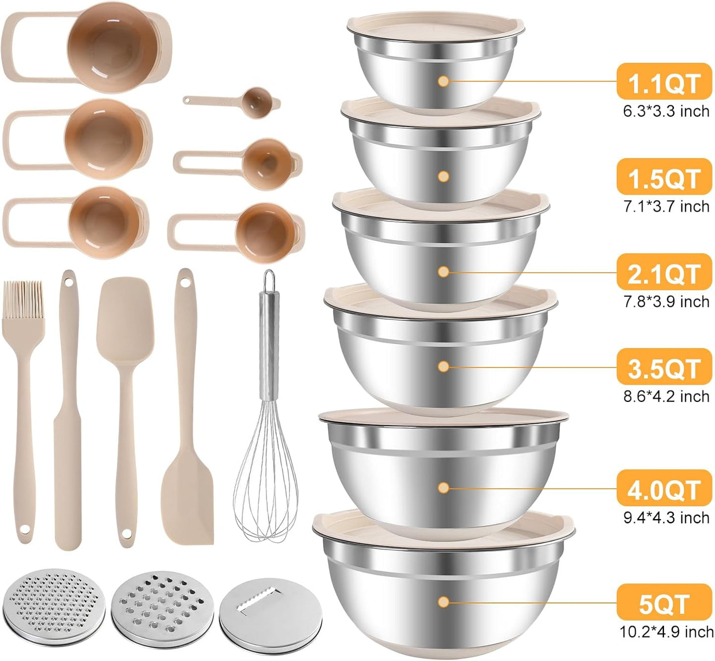 Regine Switzerland Mixing Bowls Set - 20 PCS Kitchen Gadgets with Airtight Lids & Non-Slip Silicone Bottoms | Stainless Steel & Grater Attachments, Khaki