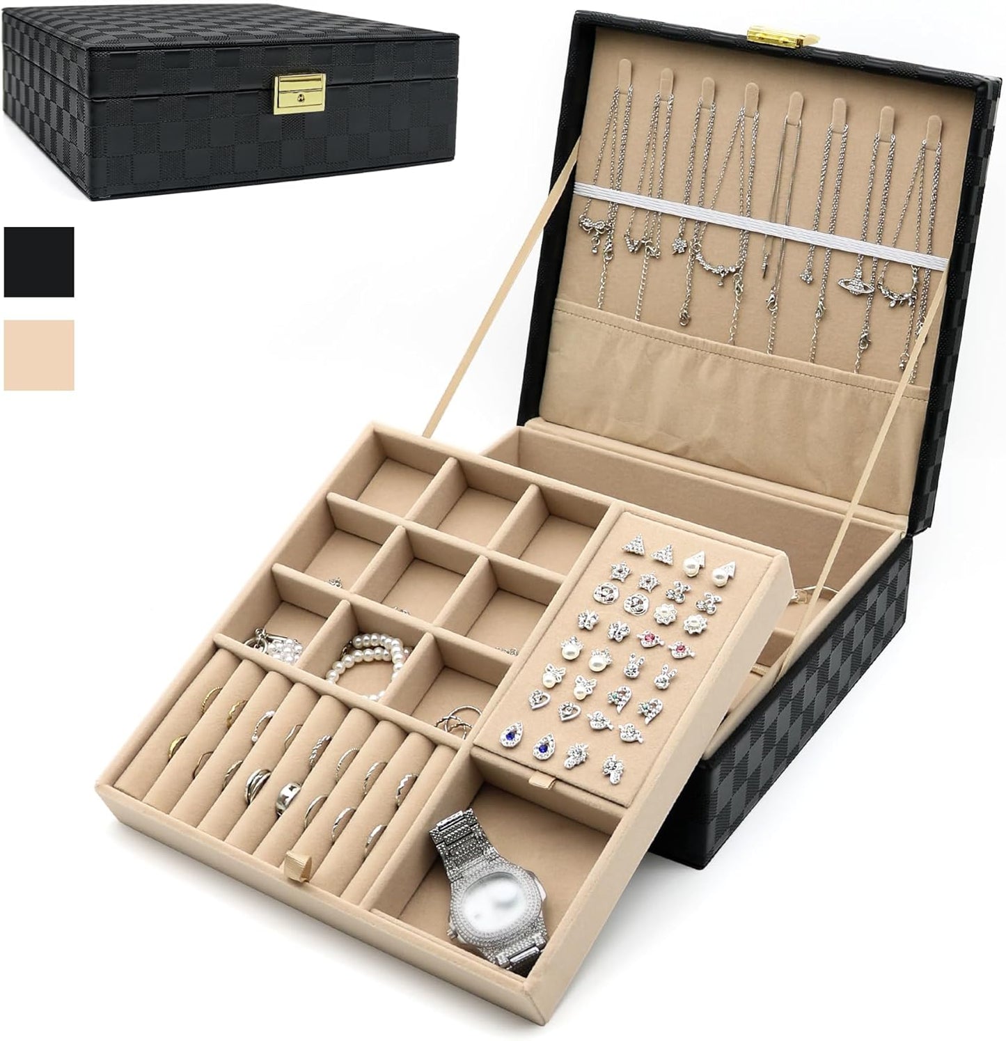 Jewelry Organizer Box, Jewelry Box Organizers for Women Girls, 2 Layers Large Leather Jewels Storage Case for Earring, Rings, Necklaces, Bracelets, Big and Small Jewellery, Watch, Ideal Gift (Brwon)