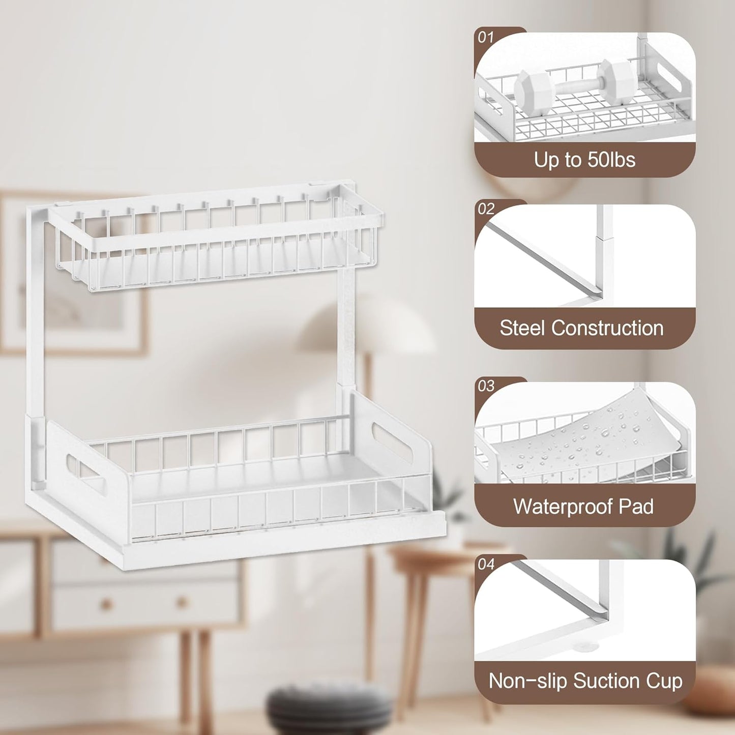 VUSIGN 2-Tier Under Sink Organizer - Slide-Out Cabinet Storage Shelf | 2 Pack, White