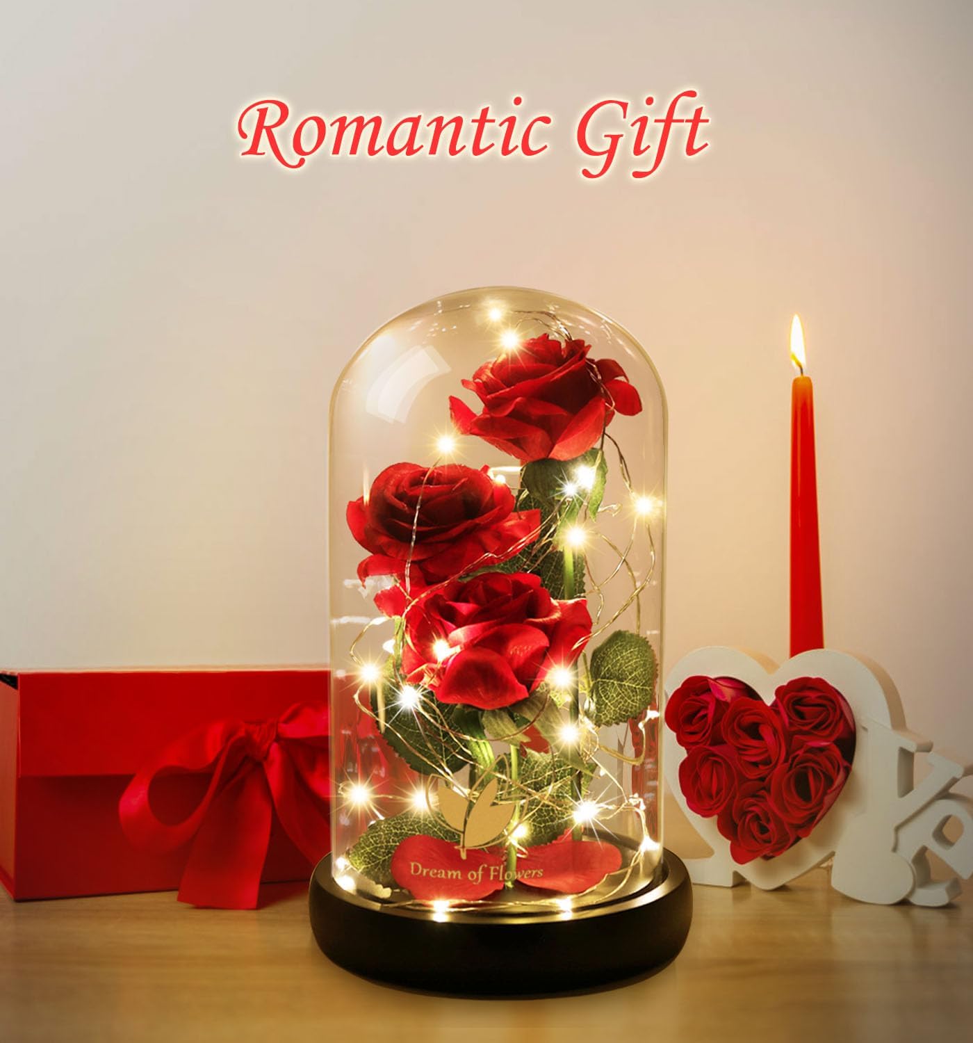 Birthday Gifts for Women,Beauty and the Beast Rose in Glass Dome,Preserved Rose with Warm Lights,Flower for Delivery Prime,Forever Flower Gifts for Women Mom Wife Girlfriend, Anniversary Birthday Gift