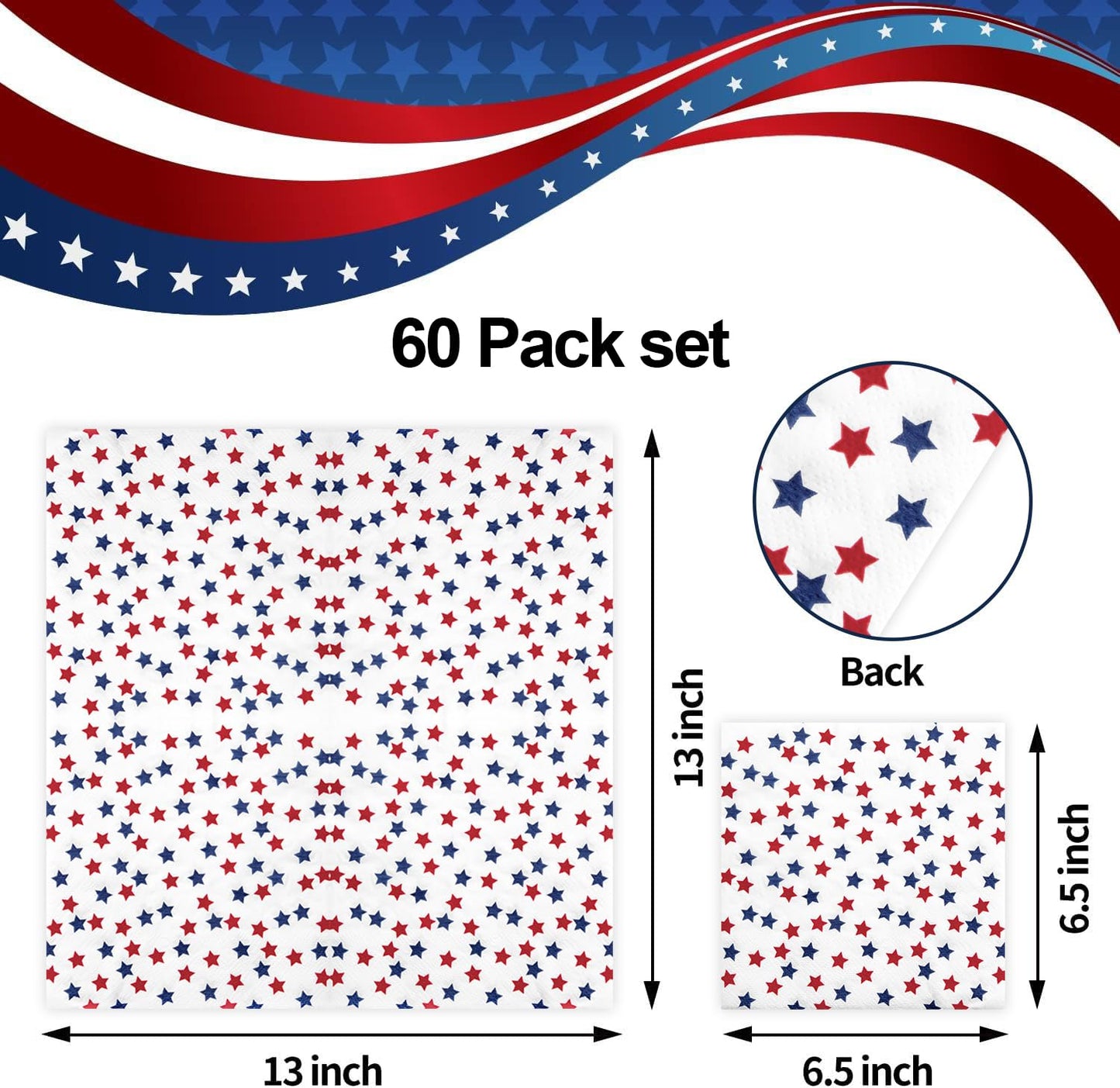 Patriotic Party Supplies 4th of JULY paper napkins 60Count 6.5 x 6.5 inch Americana Stars Cocktail Napkins for Parties,Veterans Day Election Day 4th of July Independence Day Decorations