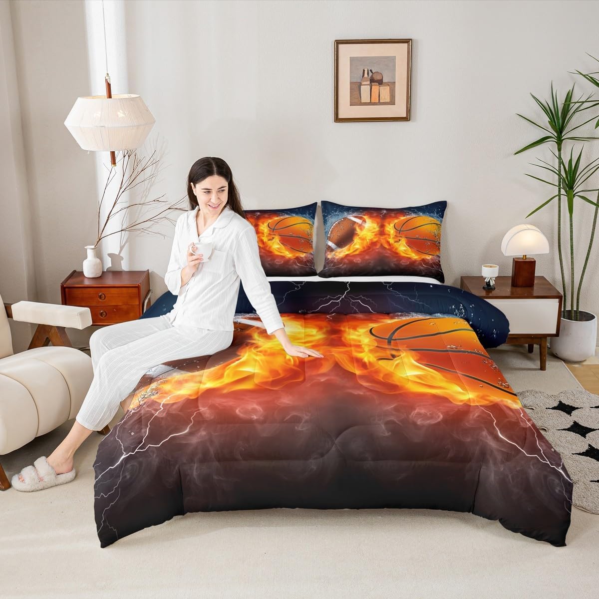 Basketball Kids Comforter Set Full Size,Geometric Basketball Court Abstract Bedding Set,Boys Girls Adults Room Decor,Ball Sports Games Down Comforter,Red Black Fashion Duvet Insert,2 Pillowcases
