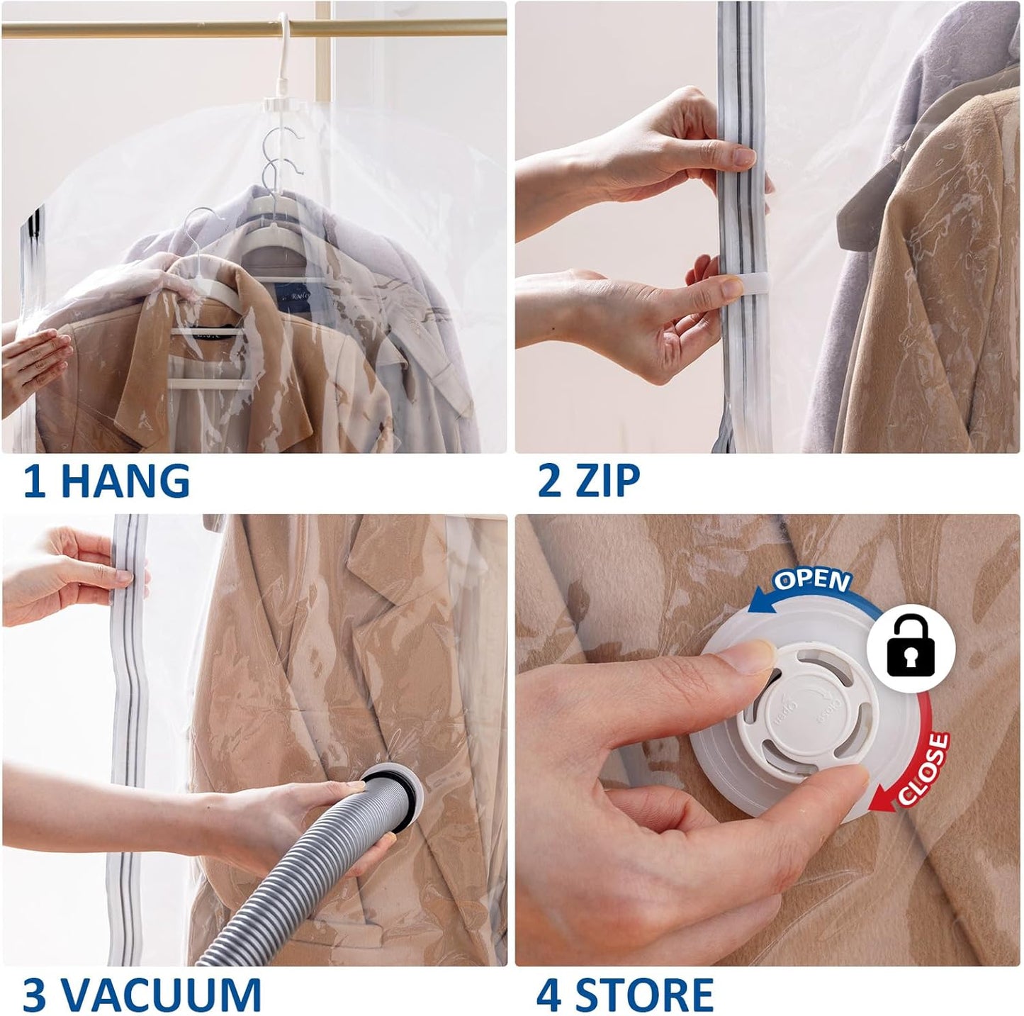 Skiennix Hanging Vacuum Storage Bags - 6 Pack Large Space Saver for Clothes, Suits & Jackets